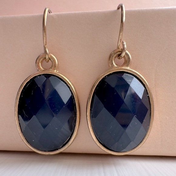 Vintage Jewelry - Oval Drop Earrings Navy Blue Gold Statement Earrings Gemstone Dangle